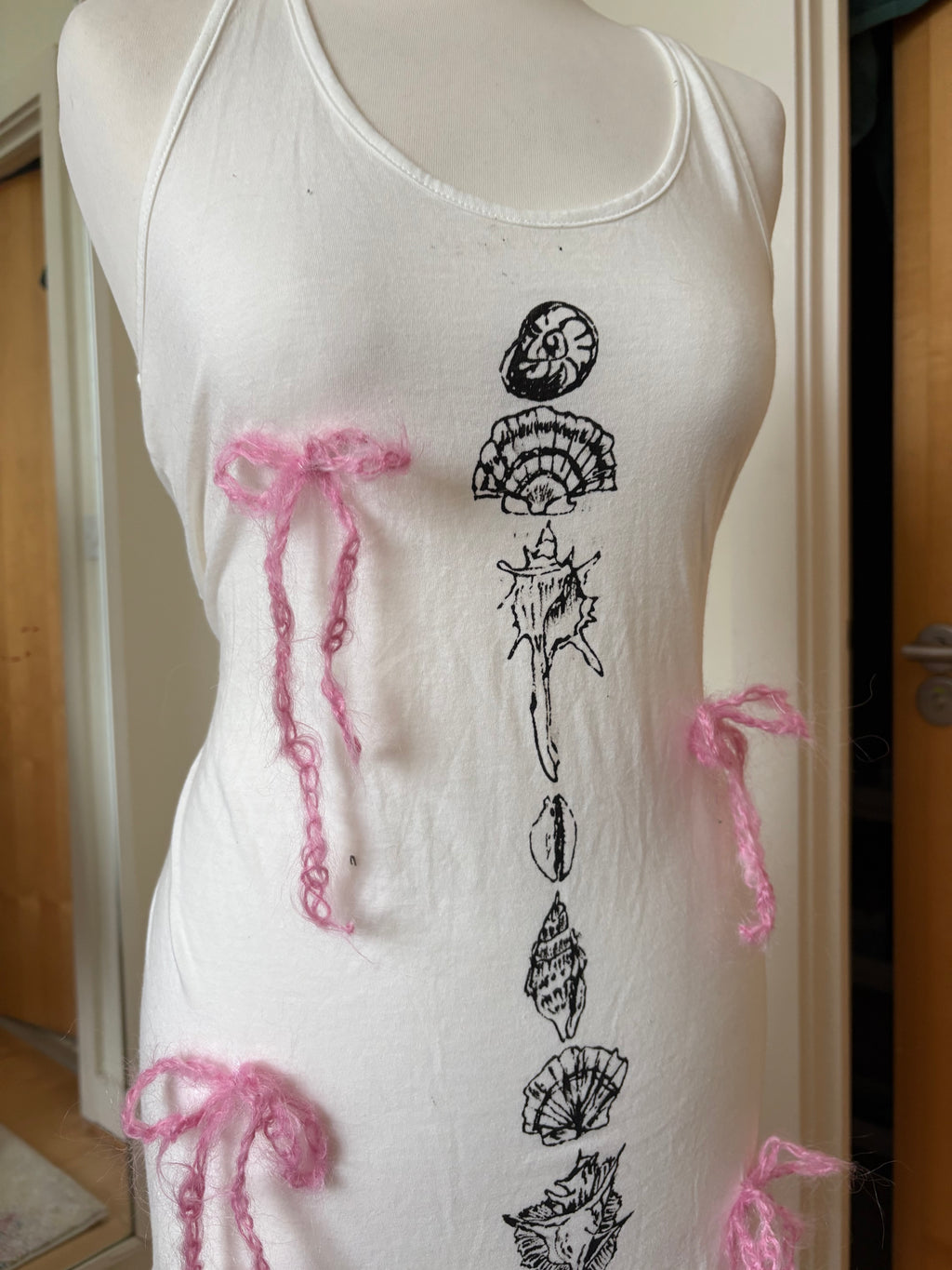 Hand painted shell prairie dress with mohair bows