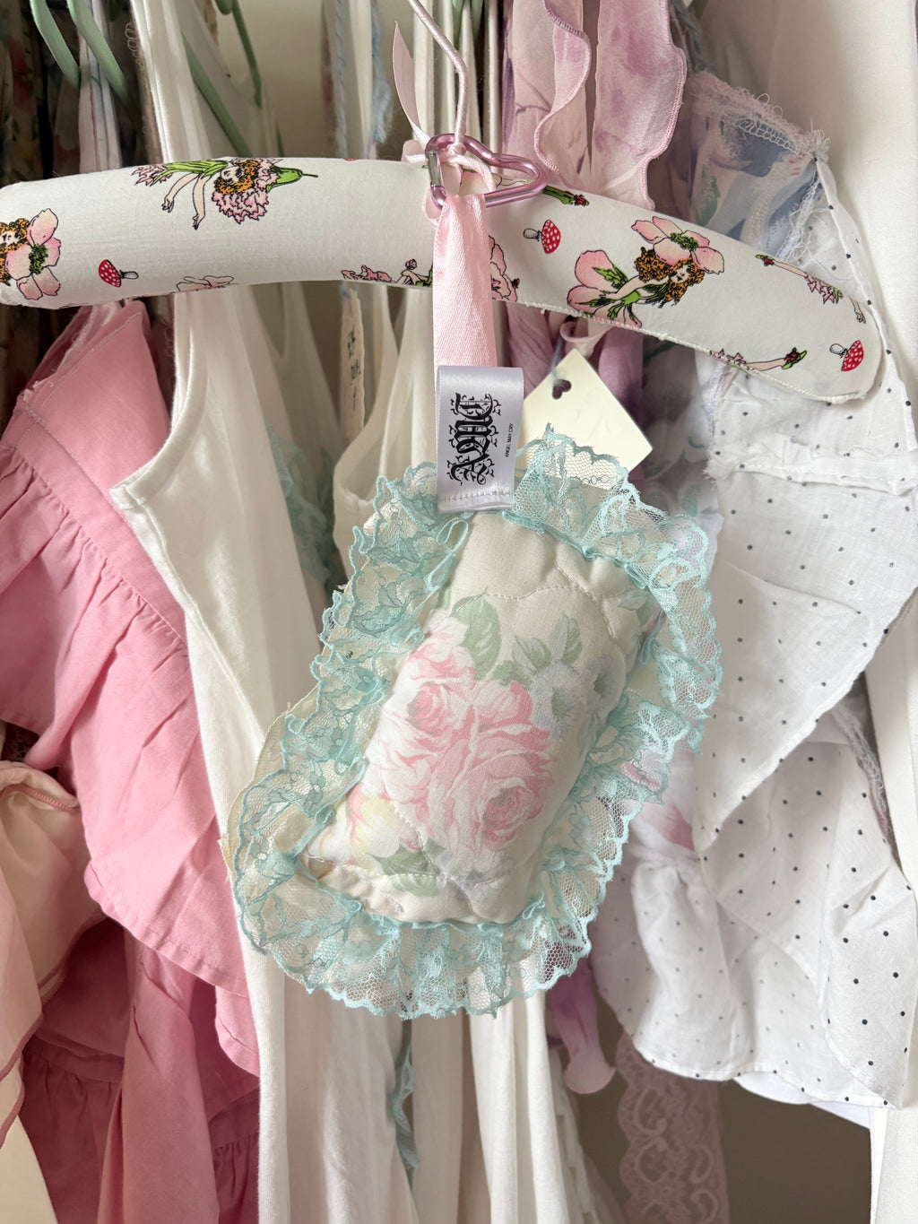 Vintage floral pillow bag charm with ruffled trim