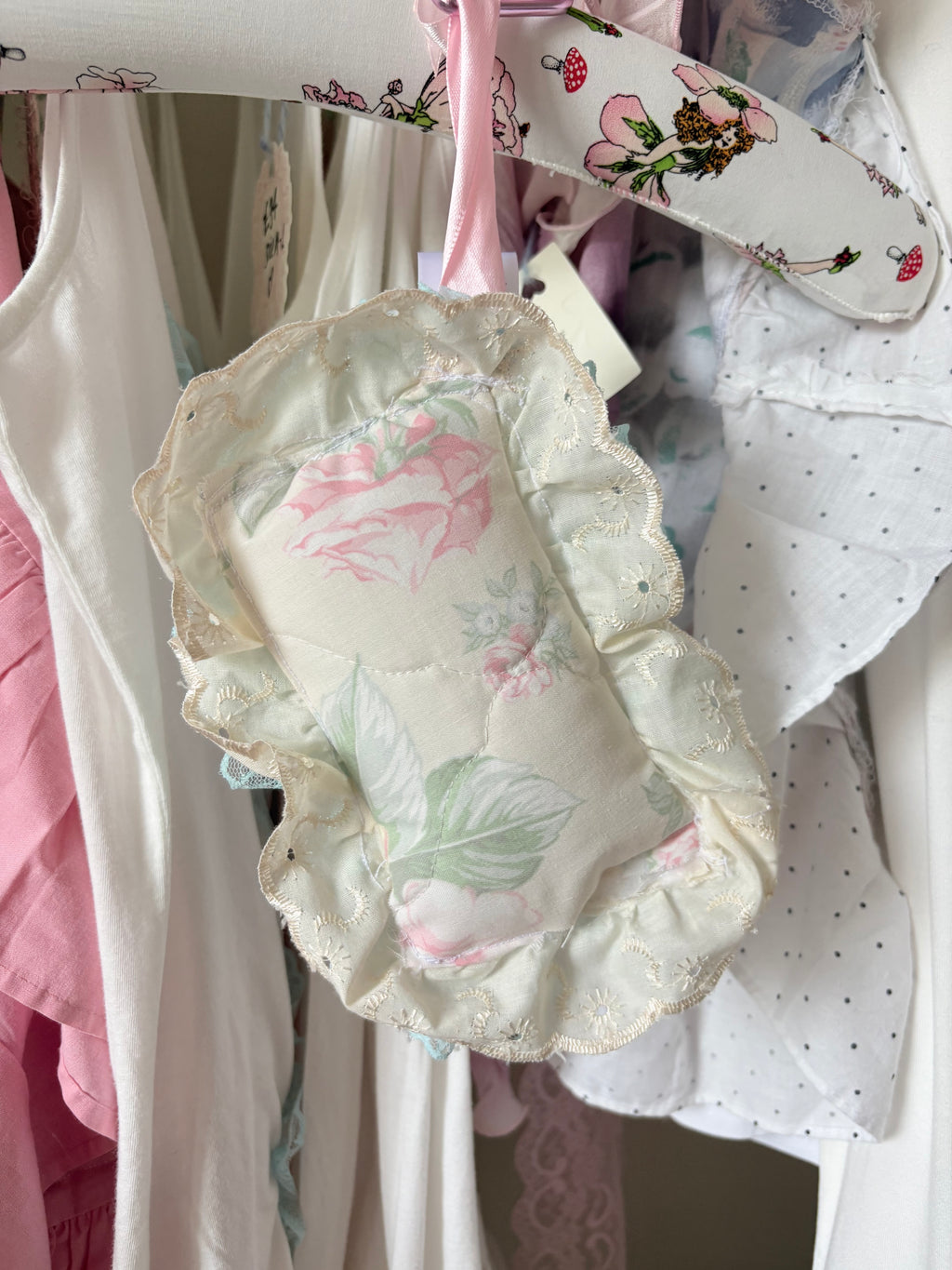 Vintage floral pillow bag charm with ruffled trim