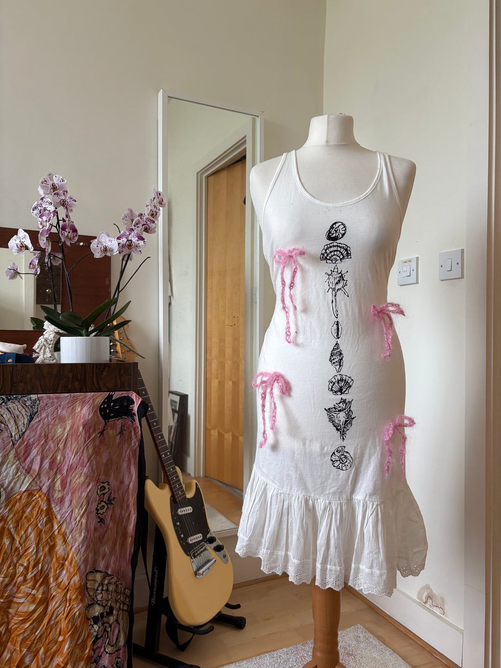 Hand painted shell prairie dress with mohair bows
