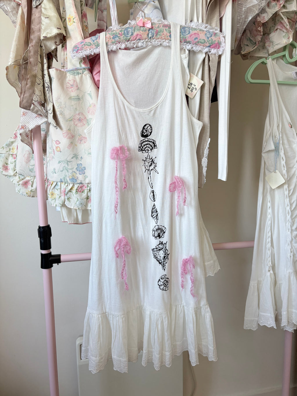 Hand painted shell prairie dress with mohair bows
