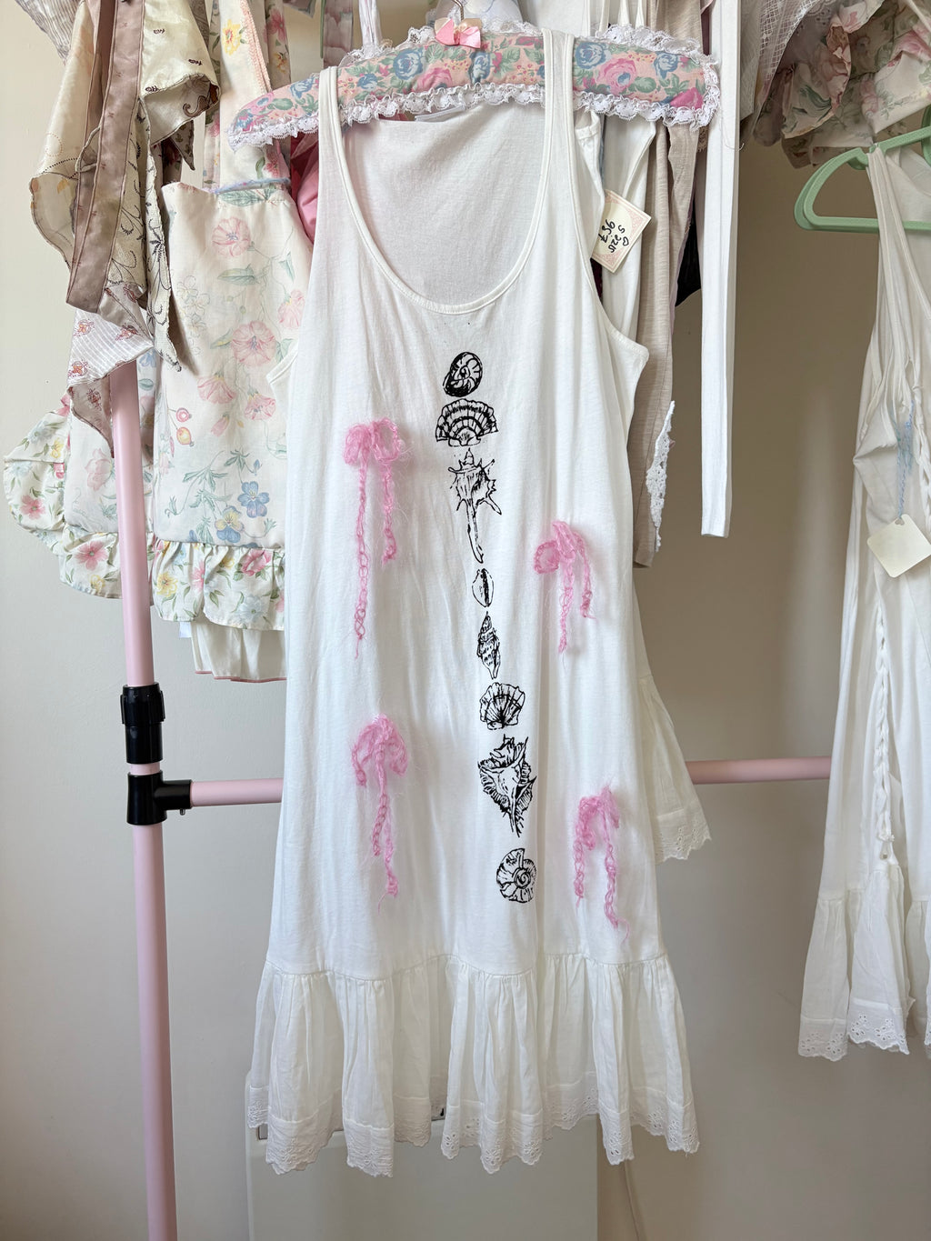 Hand painted shell prairie dress with mohair bows
