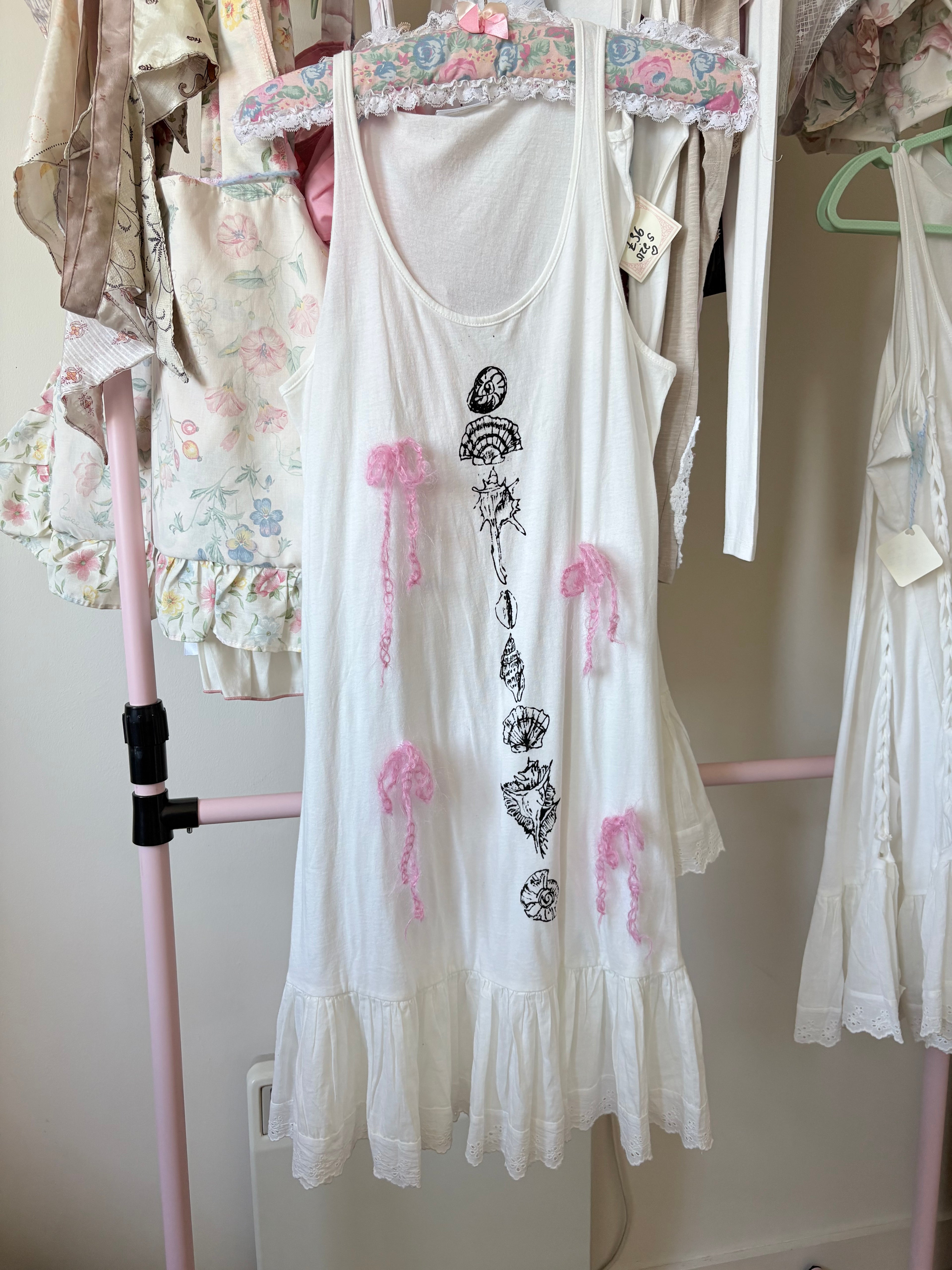 Hand painted shell prairie dress with mohair bows