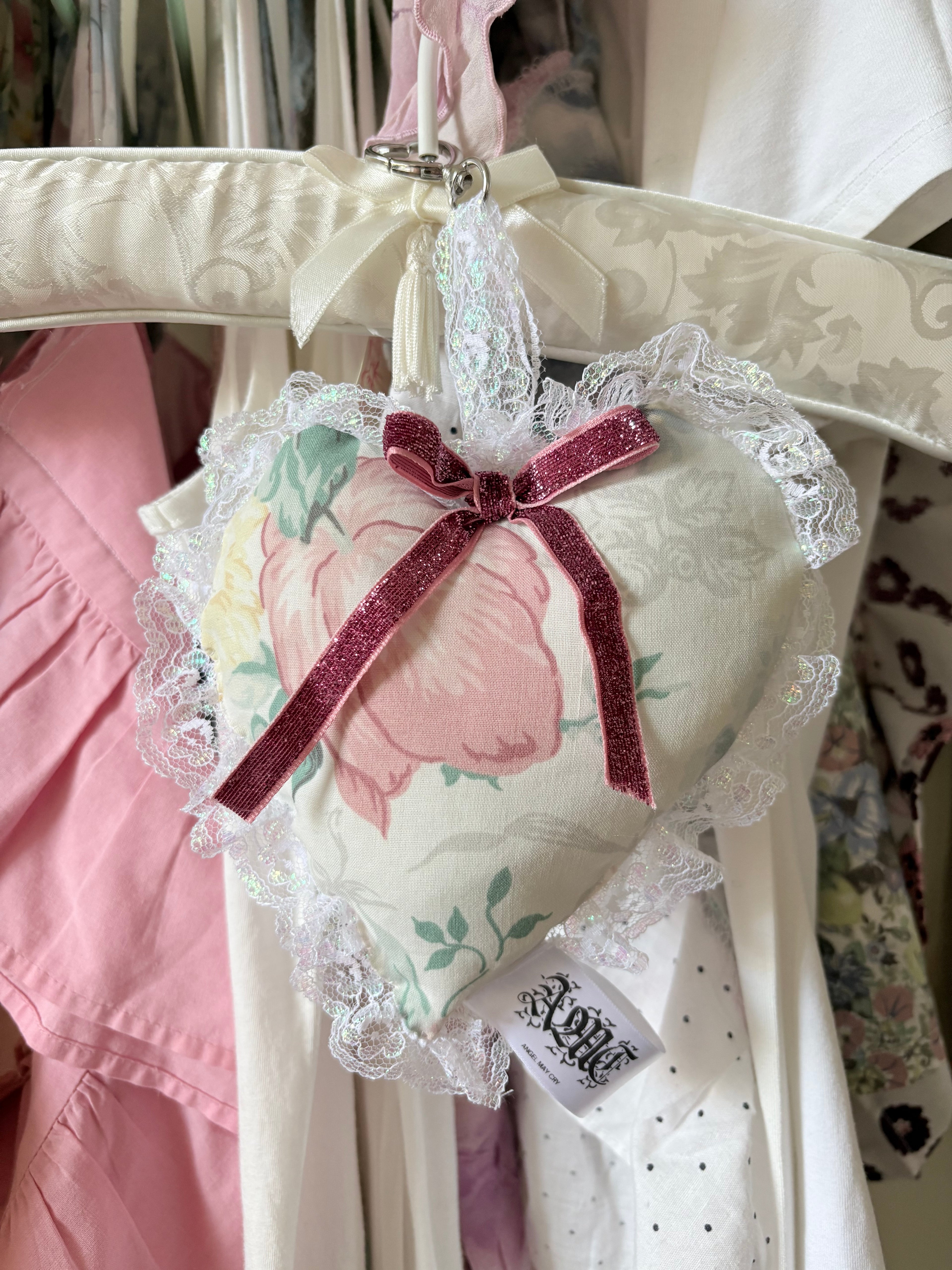 Stuffed heart lace bag charm/keyring
