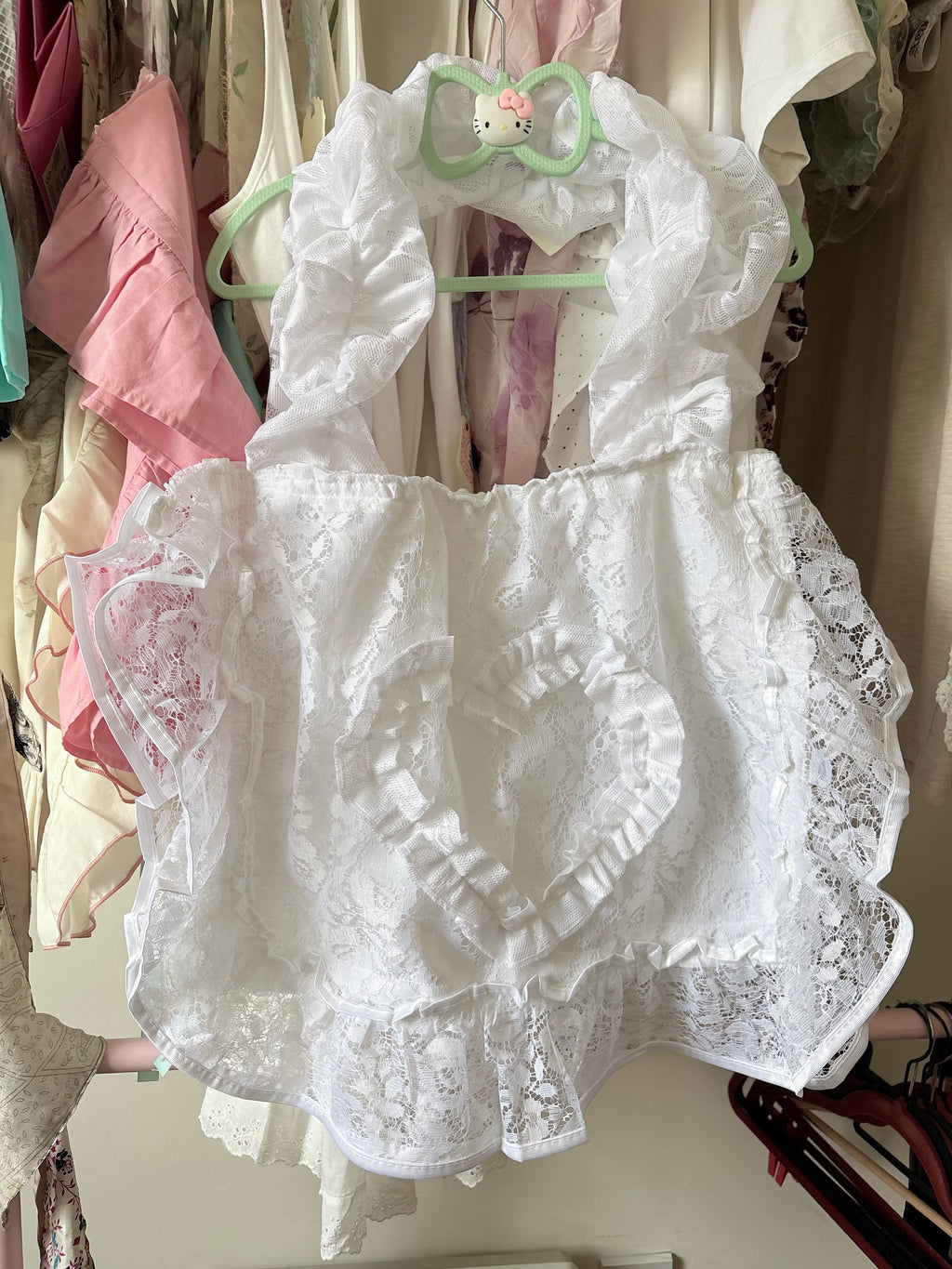 Handmade white ruffled lace pillow bag