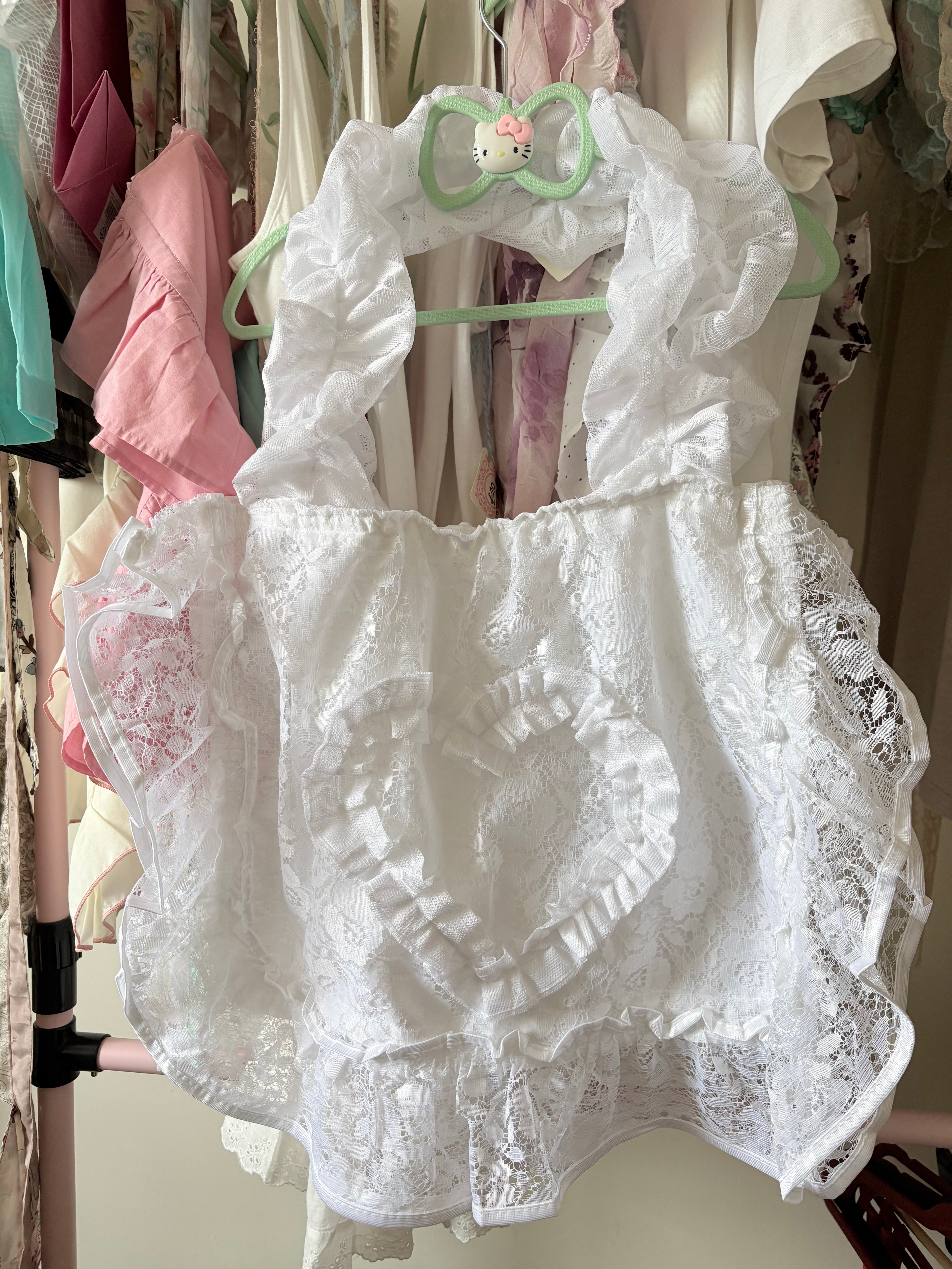 Handmade white ruffled lace pillow bag