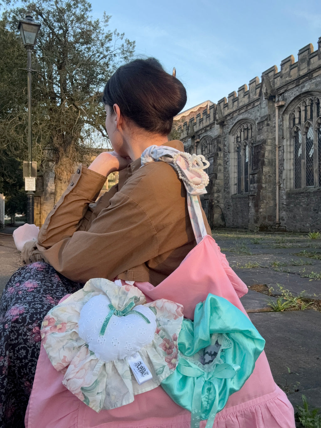 Baby pink and teal 80’s pillow bag