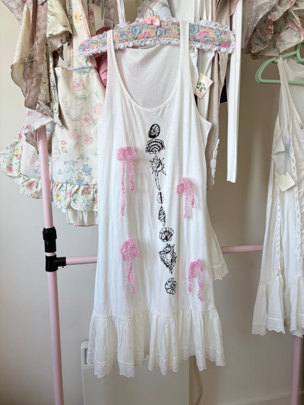 Hand painted shell prairie dress with mohair bows