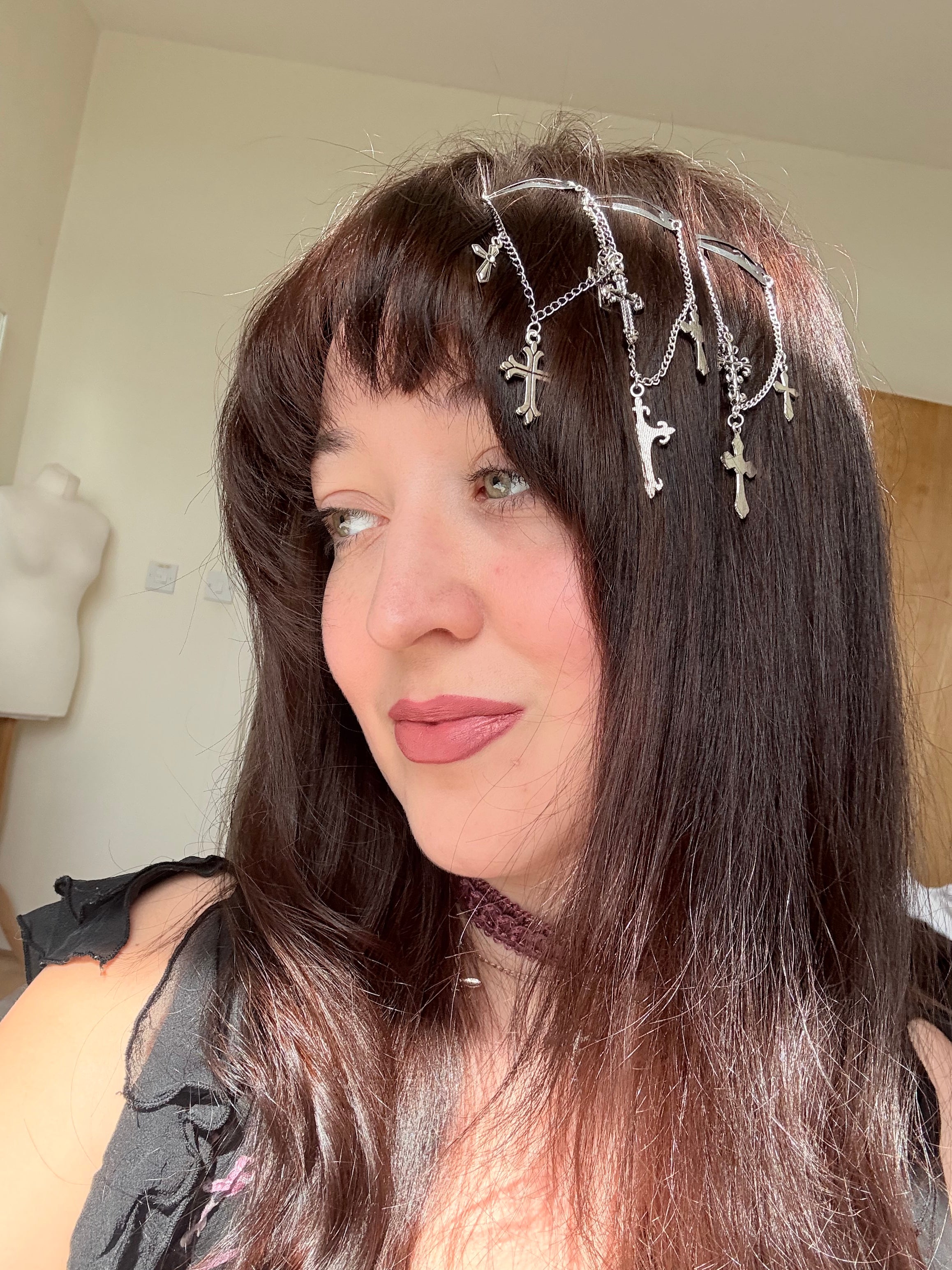 Gothic layered chain cross hair clips - 2 clips