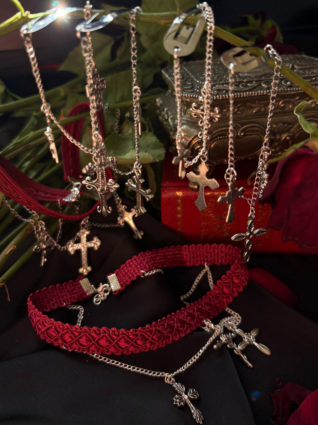 Gothic layered chain cross hair clips - 2 clips