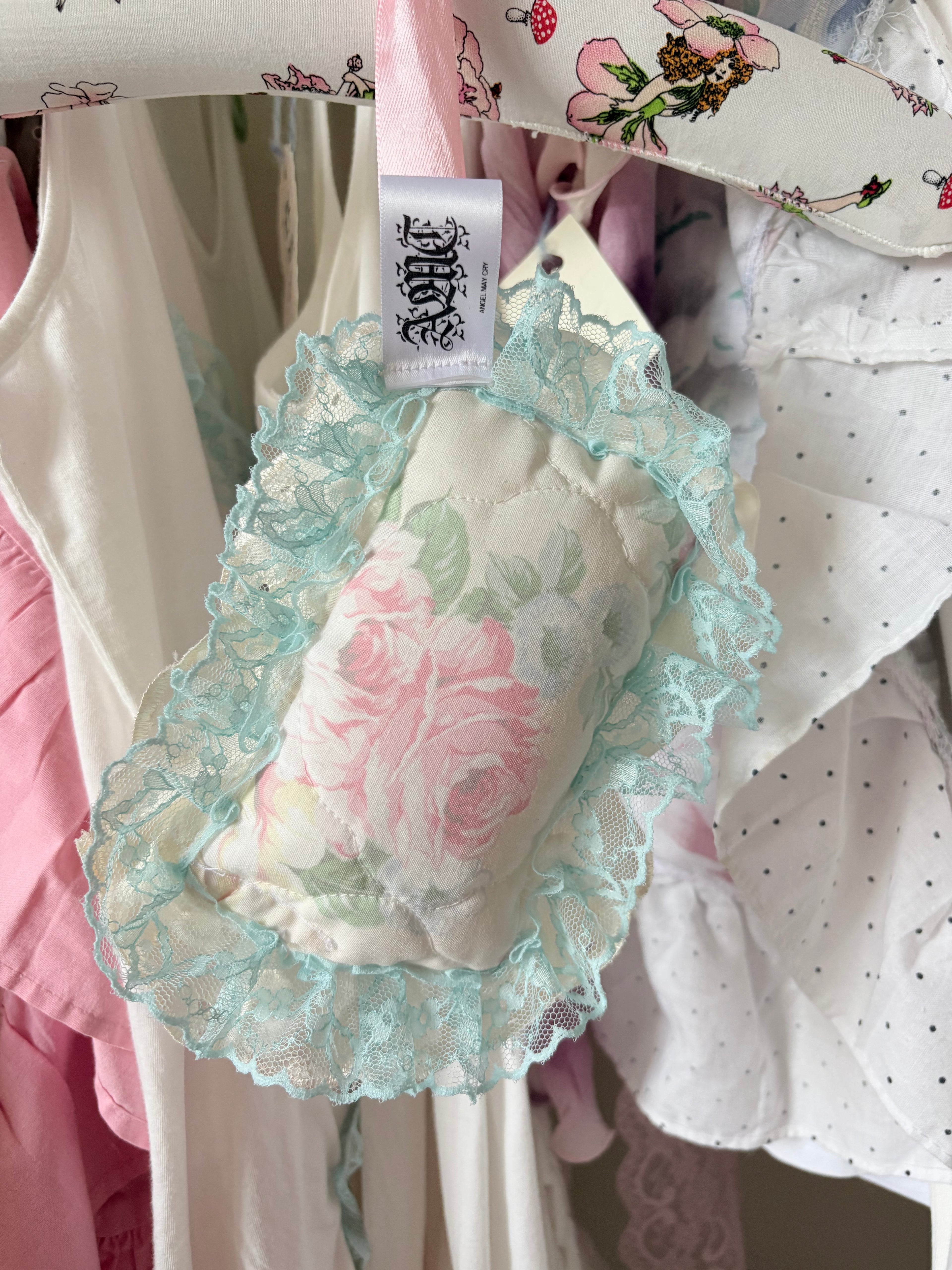 Vintage floral pillow bag charm with ruffled trim