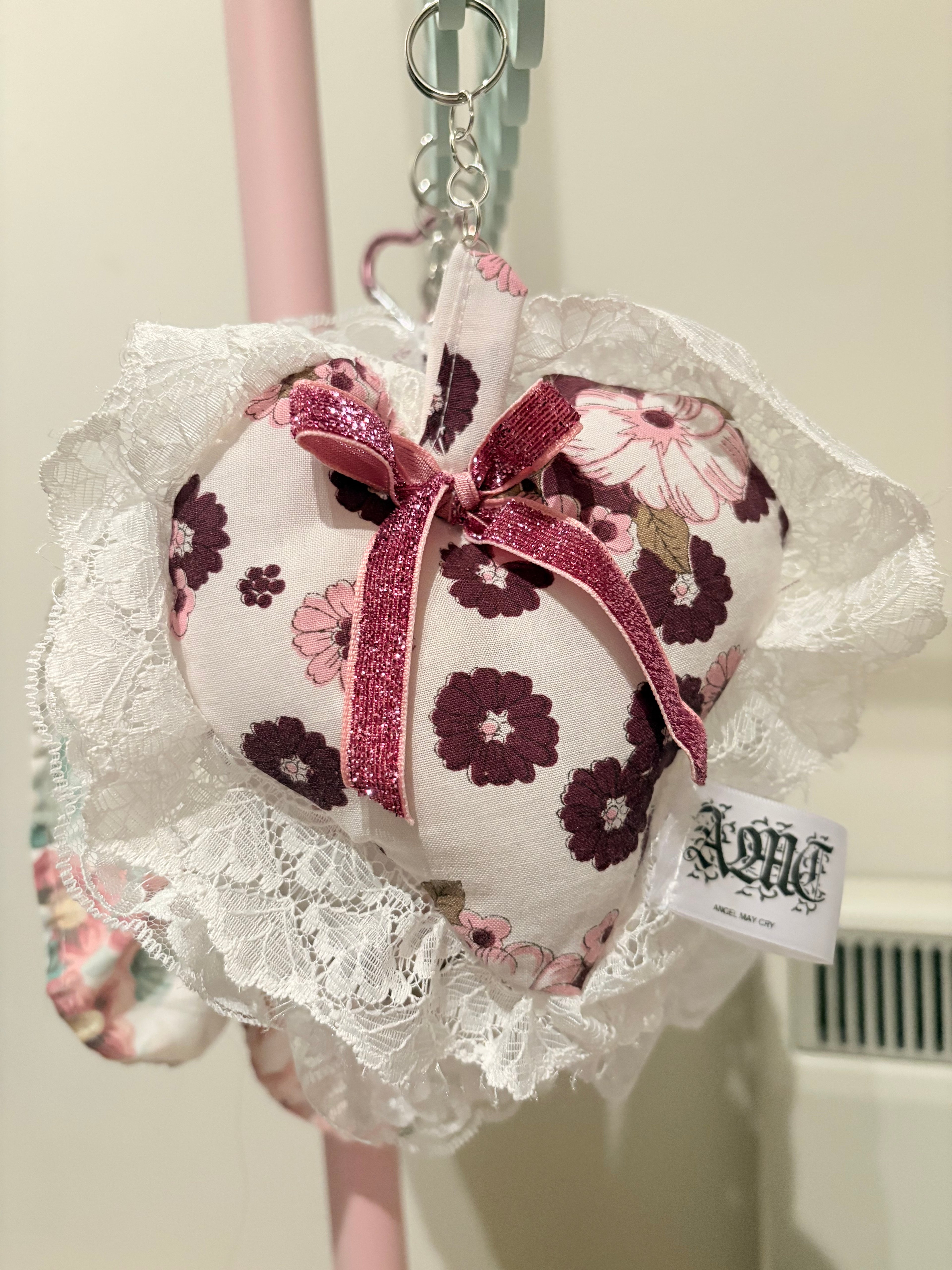 Floral lace heart pillow keyring