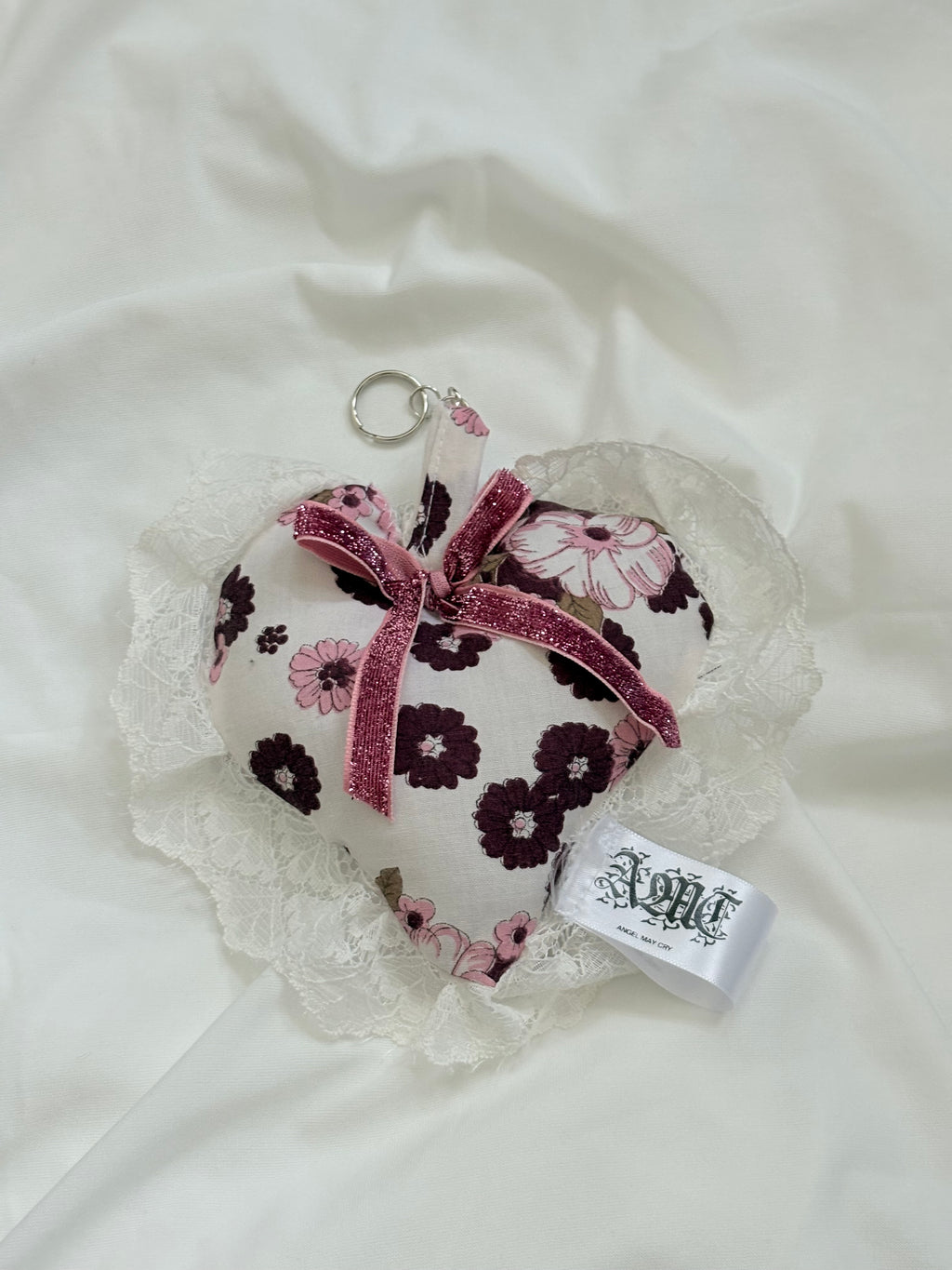 Floral lace heart pillow keyring