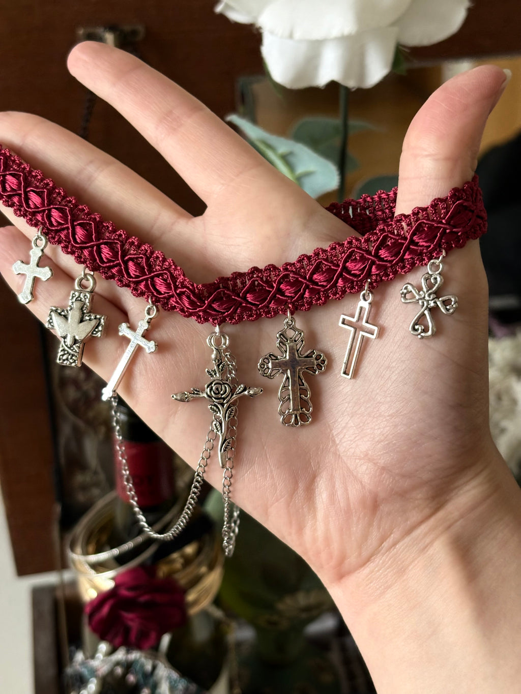 Tiered gothic cross charm choker necklace