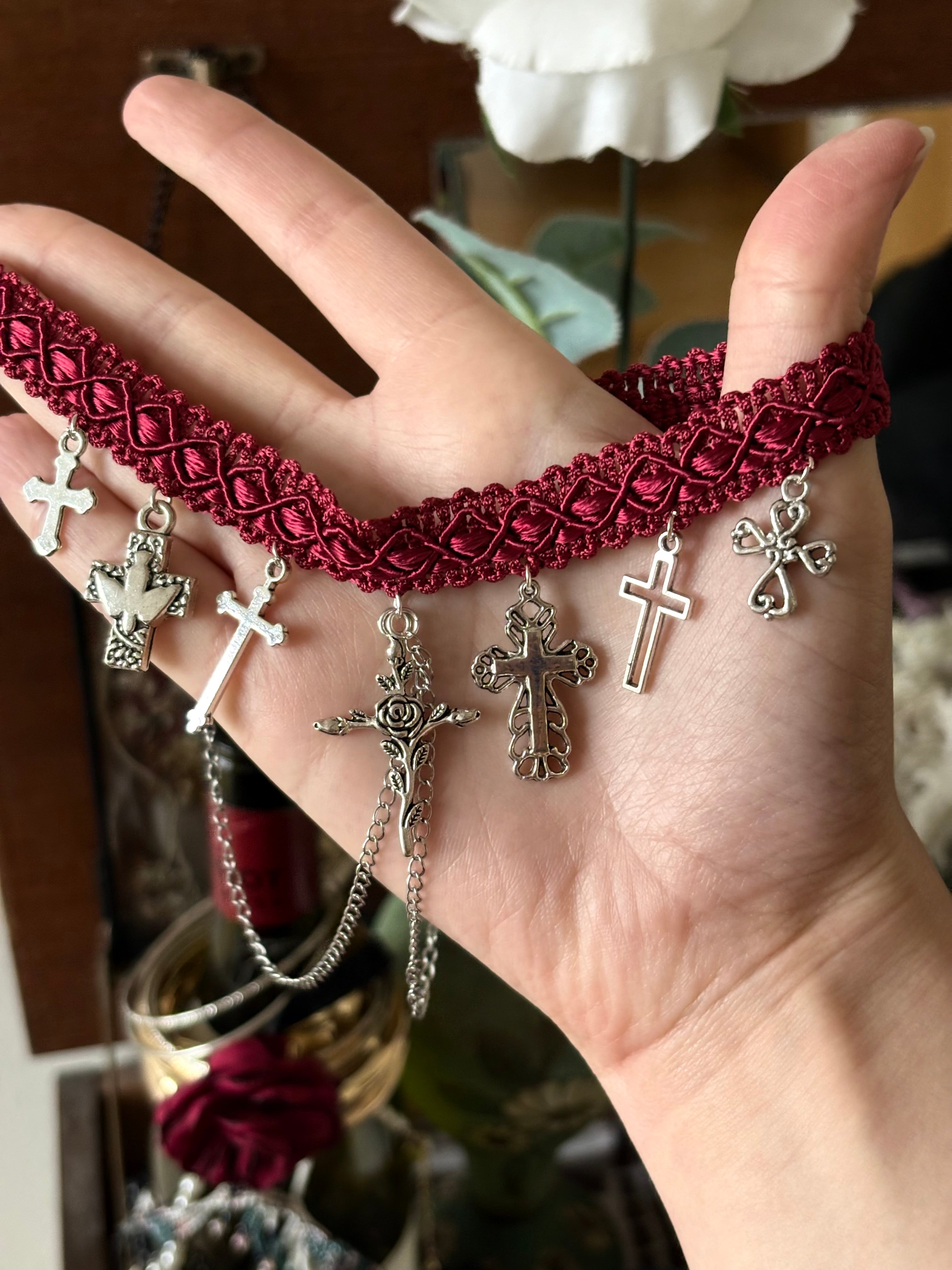 Tiered gothic cross charm choker necklace