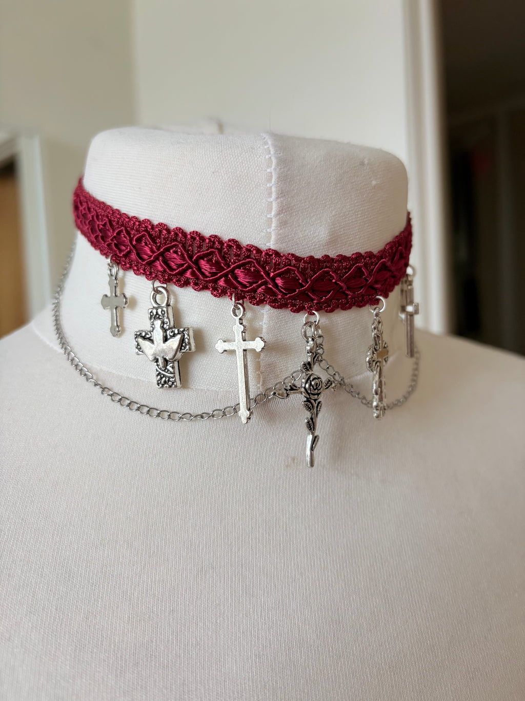 Tiered gothic cross charm choker necklace