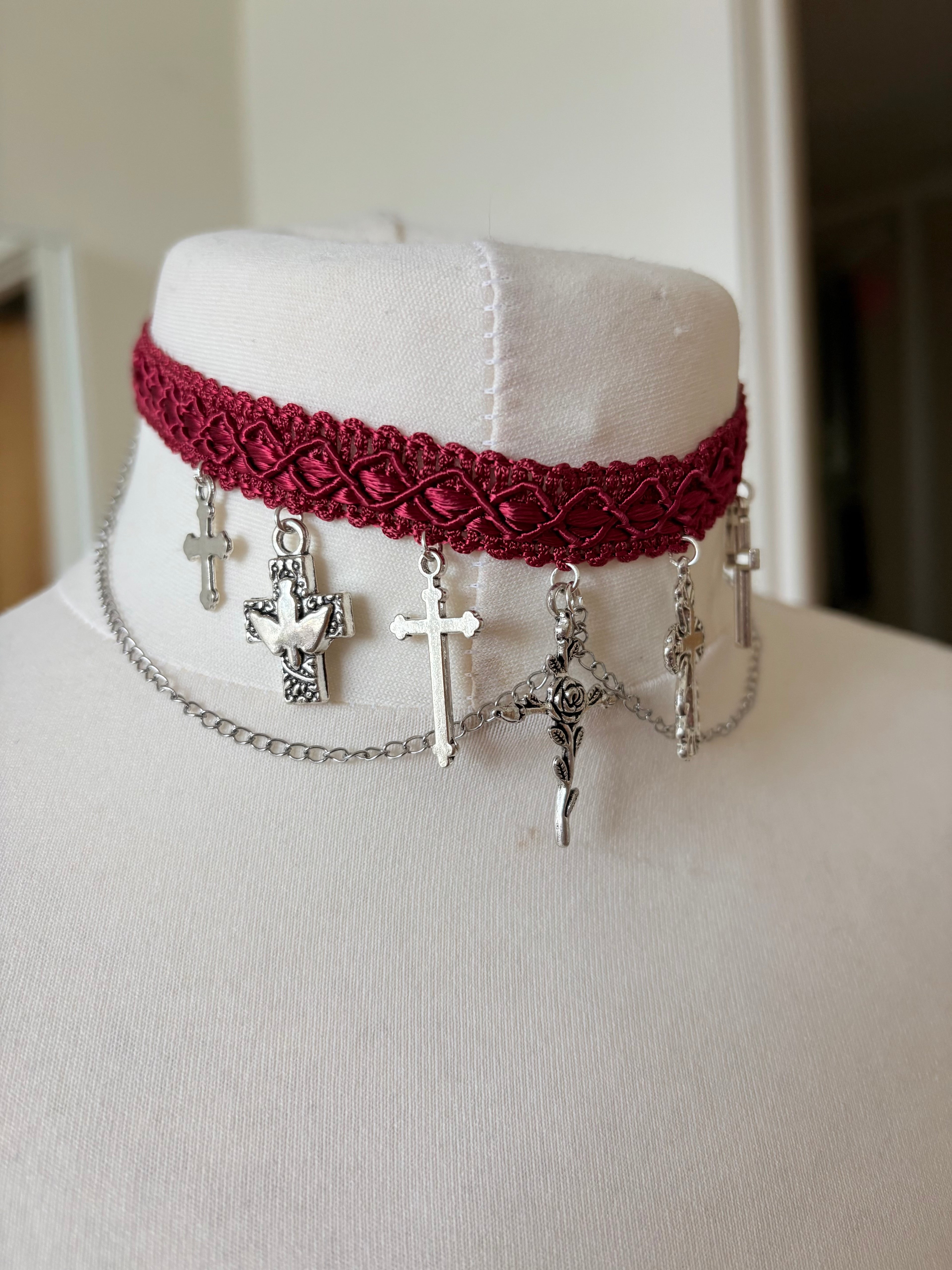 Tiered gothic cross charm choker necklace