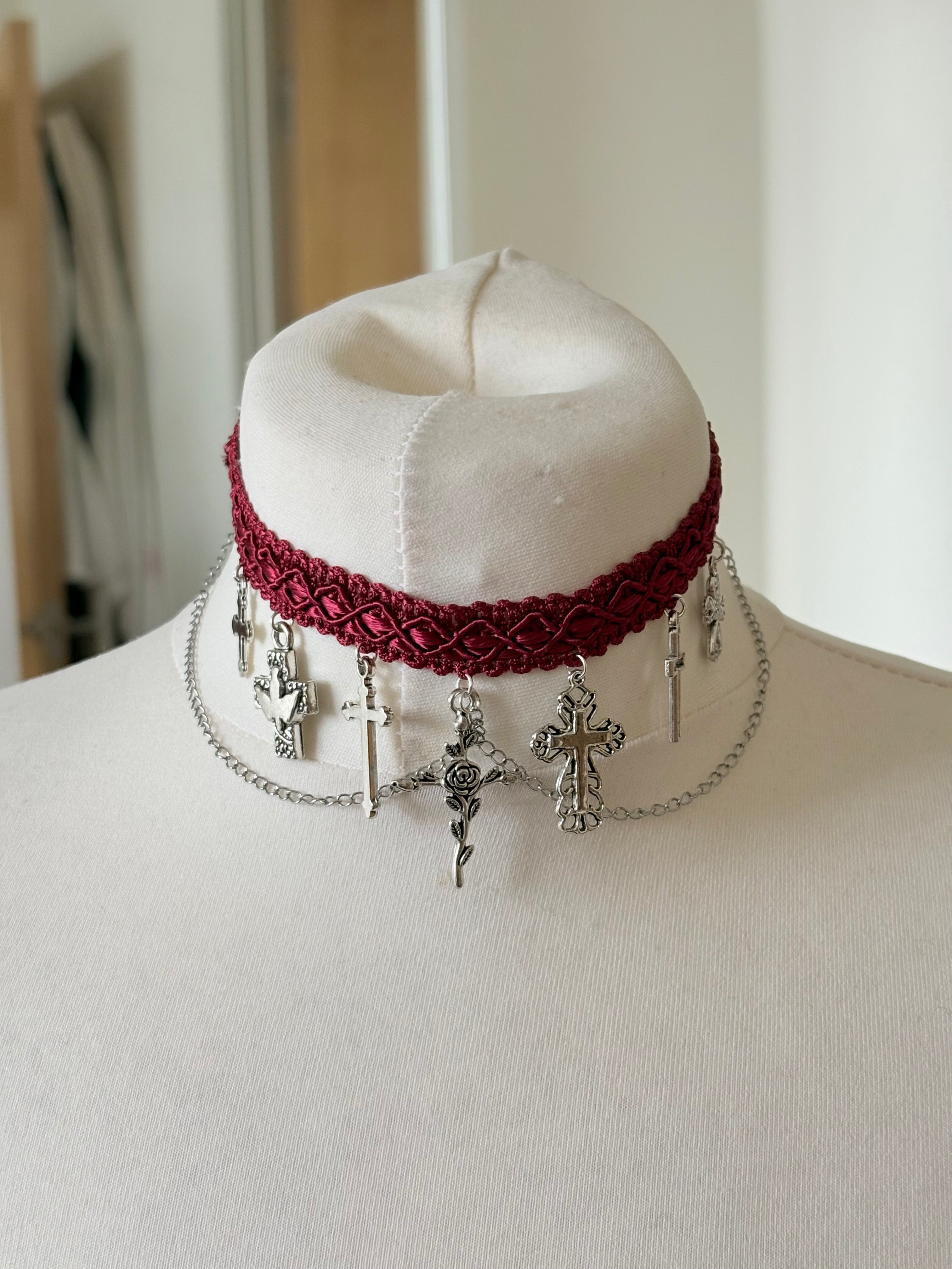 Tiered gothic cross charm choker necklace