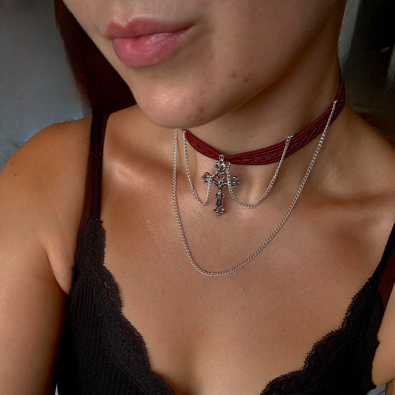 Tiered gothic cross choker necklace