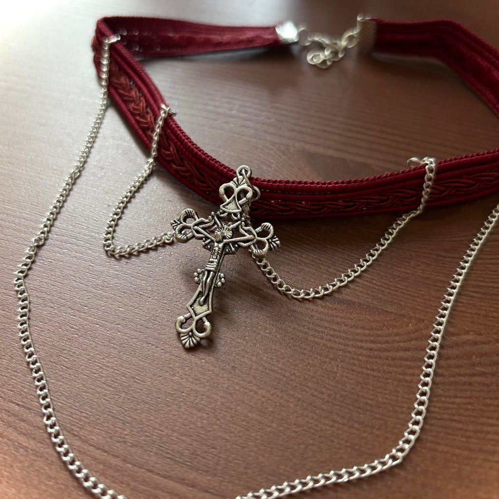 Tiered gothic cross choker necklace