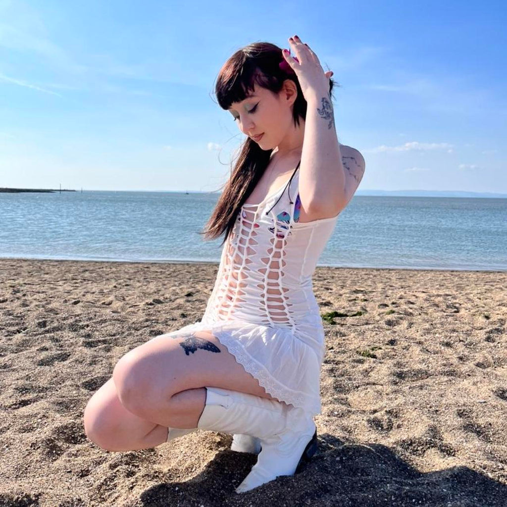 Handmade Reworked Slit Weave Dress, Broderie Anglaise Trim